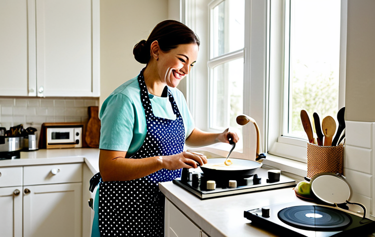 몰입 상태 유도에 효과적인 음악 선택 - Cooking with Jazz**
A woman in her kitchen, preparing a meal, listening to jazz music. She's wearin...