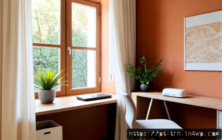 Home 13 몰입 유도를 위한 공간의 물리적 요소 - Photorealistic quiet home office designed for deep focus, a single wooden desk facing a large window...